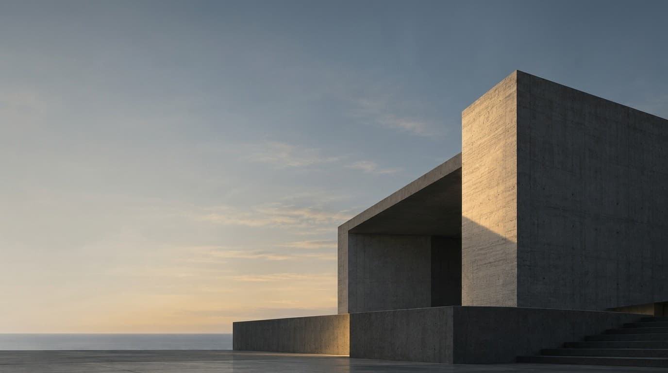 夕陽に照らされたコンクリート建築と、空と海の余白